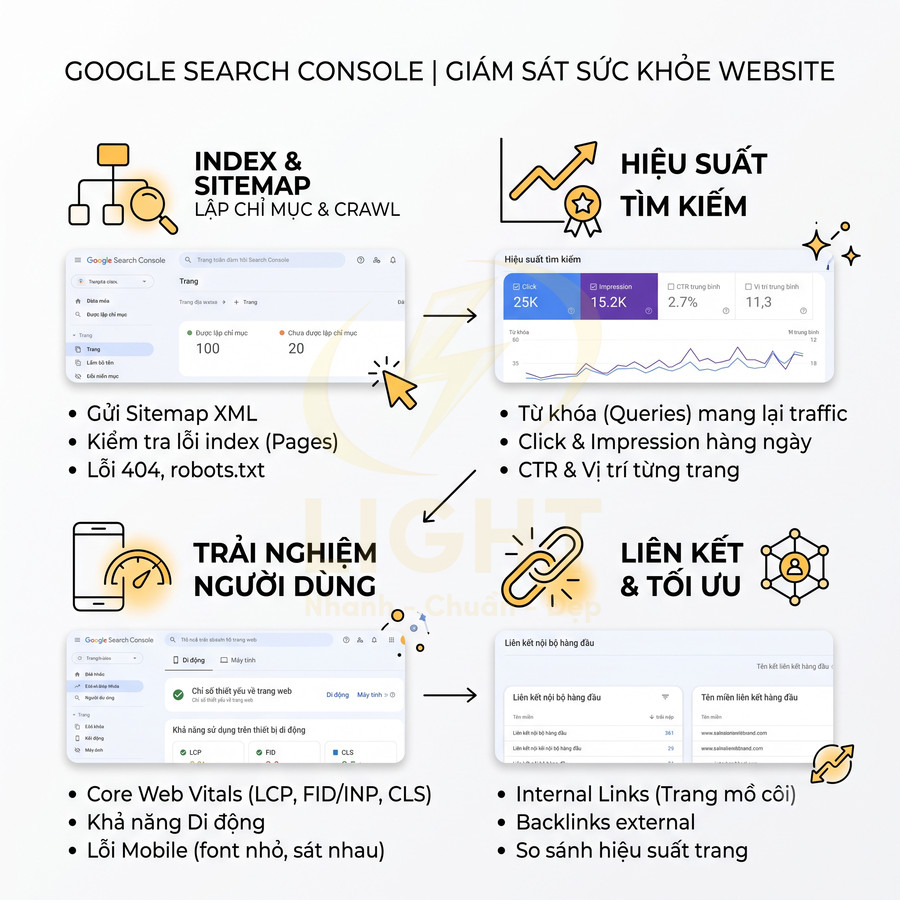Infographic giới thiệu các tính năng chính của Google Search Console để giám sát và tối ưu SEO website