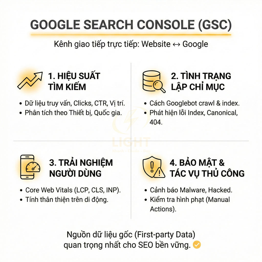 Infographic giới thiệu 4 lợi ích chính của Google Search Console cho SEO website