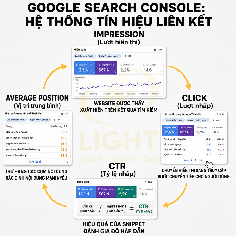 Mô tả hệ thống chỉ số Impression Click CTR Average Position trong Google Search Console cho SEO website