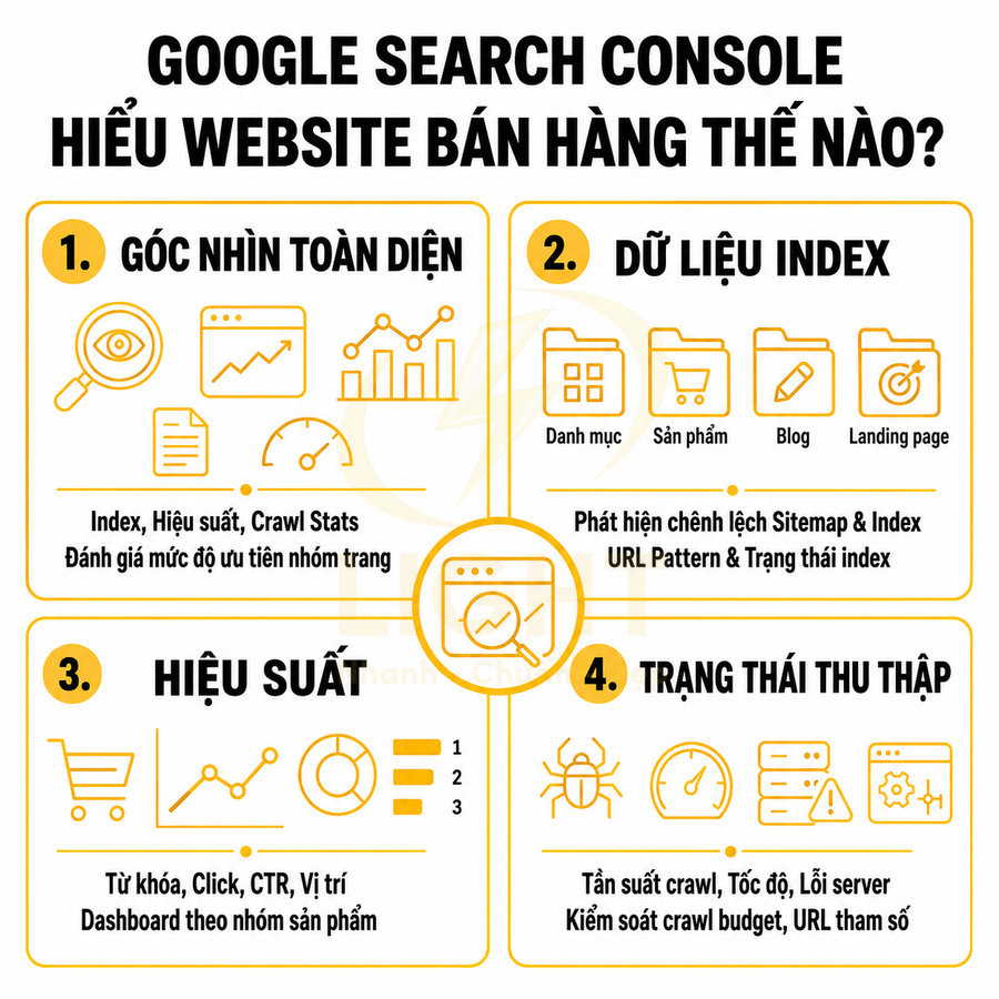 Infographic Google Search Console phân tích website bán hàng với góc nhìn toàn diện, dữ liệu index, hiệu suất và trạng thái thu thập