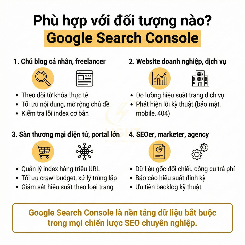 Hình minh họa các nhóm đối tượng nên dùng Google Search Console cho chiến lược SEO chuyên nghiệp