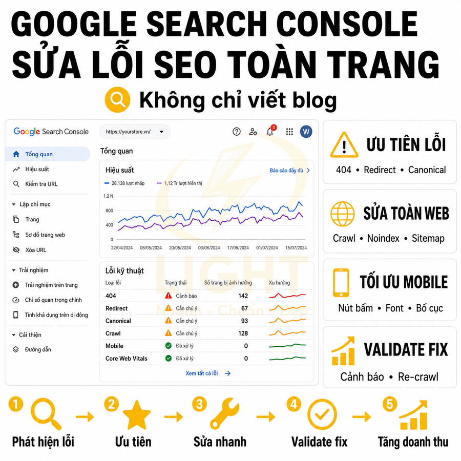 Hướng dẫn dùng Google Search Console sửa lỗi SEO toàn trang và tối ưu hiệu suất website