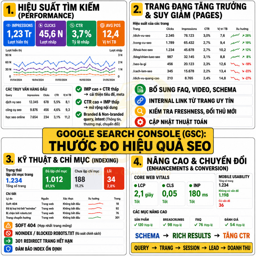 Infographic Google Search Console làm thước đo hiệu quả SEO với hiệu suất tìm kiếm, indexing và chuyển đổi