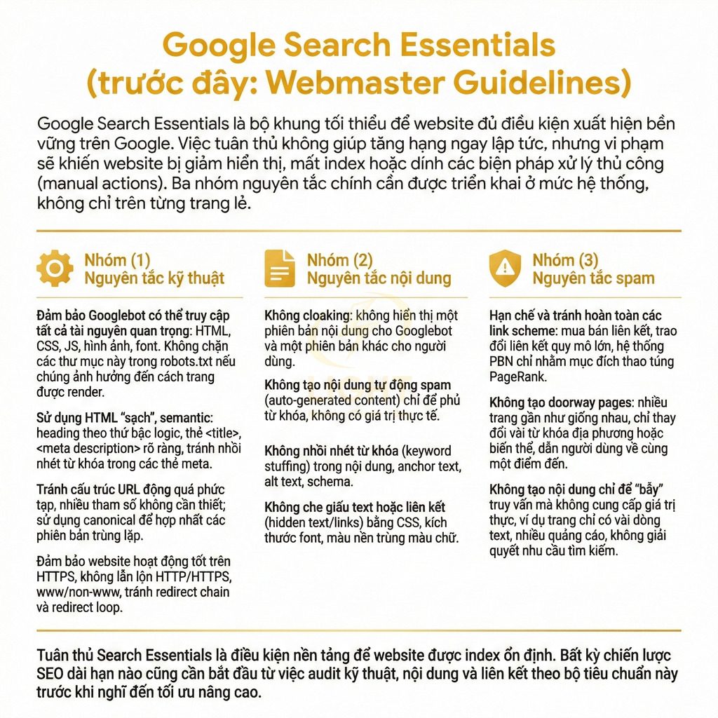 Tóm tắt Google Search Essentials với 3 nhóm nguyên tắc kỹ thuật, nội dung và chống spam cho SEO website