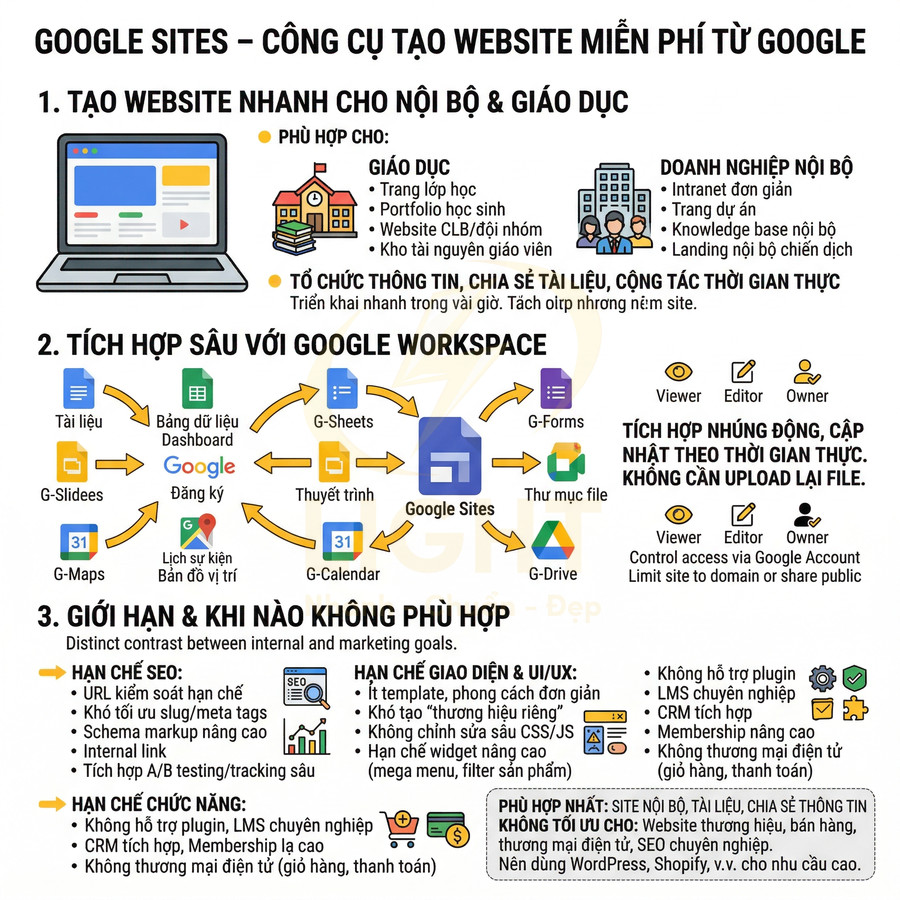 Infographic giới thiệu Google Sites, cách tạo website miễn phí, tích hợp Google Workspace và các giới hạn sử dụng