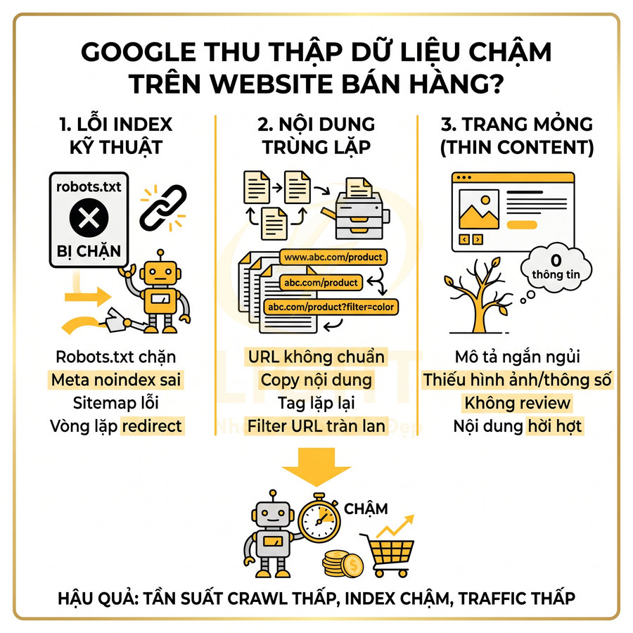 Infographic lý do Google thu thập dữ liệu chậm trên website bán hàng và các lỗi SEO kỹ thuật, trùng lặp, thin content