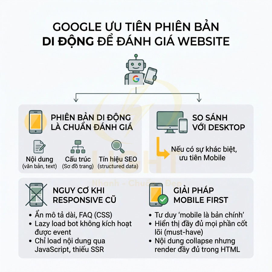 Infographic giải thích Google ưu tiên phiên bản di động mobile first để đánh giá và xếp hạng website