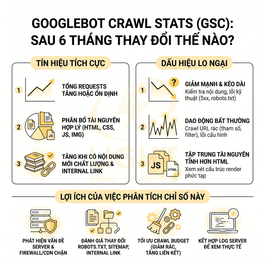 Infographic phân tích Googlebot Crawl Stats GSC sau 6 tháng, tín hiệu tích cực, dấu hiệu lo ngại và lợi ích SEO