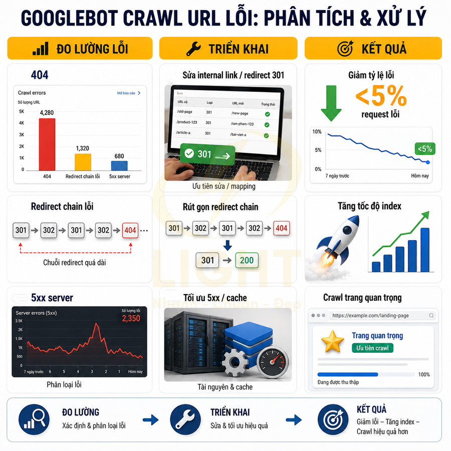 Infographic quy trình phân tích và xử lý lỗi crawl URL Googlebot để giảm lỗi 404 5xx và tối ưu index SEO