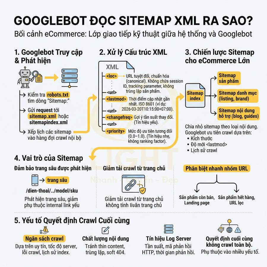 Infographic quy trình Googlebot đọc sitemap XML và chiến lược sitemap cho website eCommerce