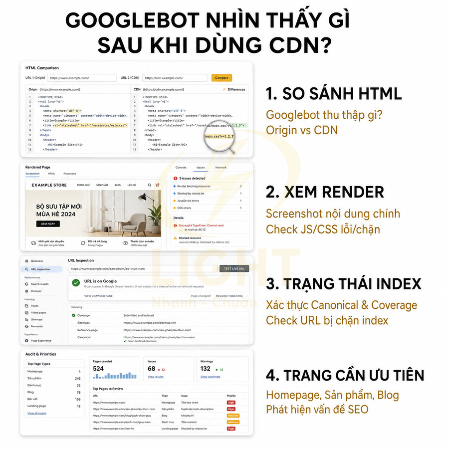 Hướng dẫn kiểm tra Googlebot sau khi dùng CDN với so sánh HTML, render, trạng thái index và trang ưu tiên
