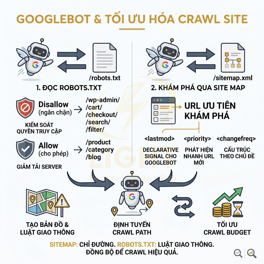 Sơ đồ Googlebot đọc robots.txt và sitemap để định tuyến crawl path và tối ưu crawl budget cho website