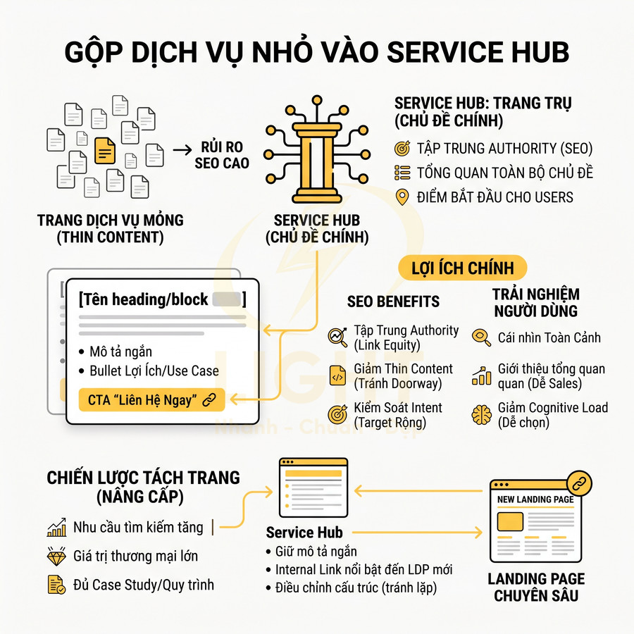 Mô hình service hub gom các trang dịch vụ mỏng thành trang chủ đề chính để tối ưu SEO và trải nghiệm người dùng