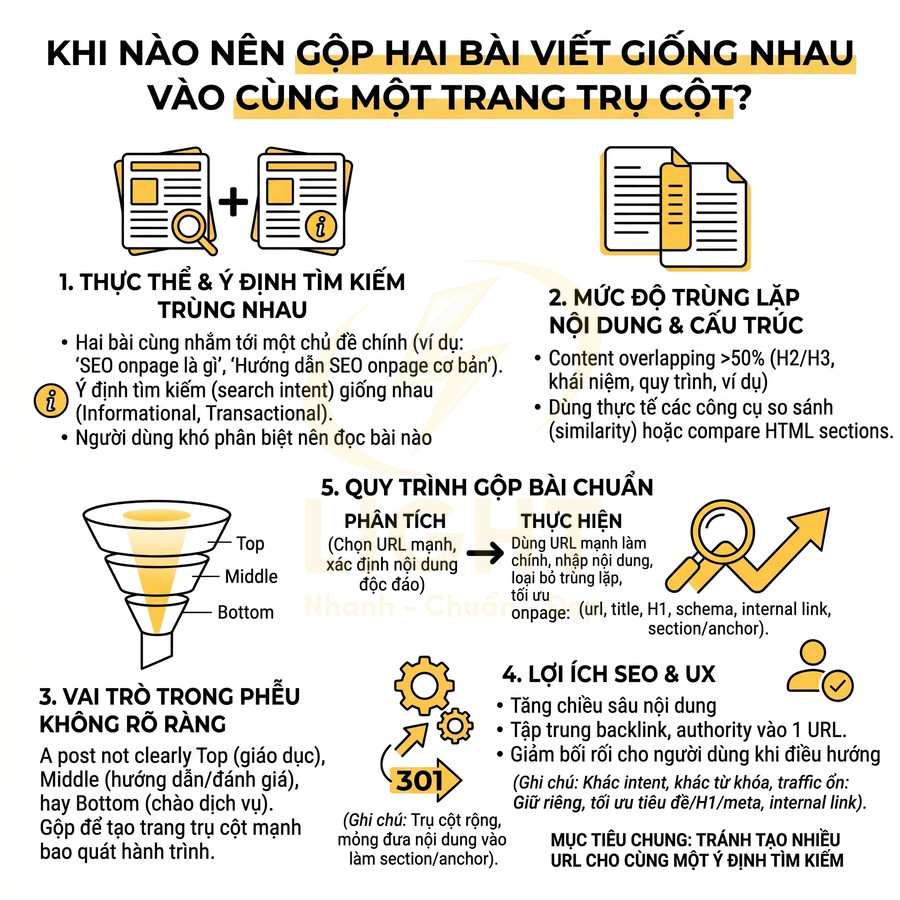 Hướng dẫn khi nào nên gộp hai bài viết giống nhau vào một trang trụ cột để tối ưu SEO và trải nghiệm người dùng