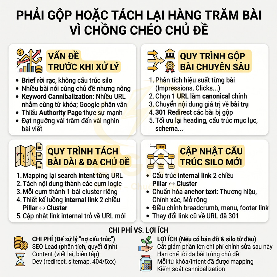 Infographic quy trình gộp tách bài viết SEO, xử lý keyword cannibalization và cập nhật cấu trúc silo website