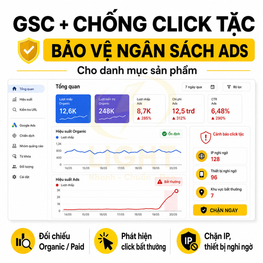 Giao diện công cụ GSC chống click tặc bảo vệ ngân sách quảng cáo Google Ads cho danh mục sản phẩm