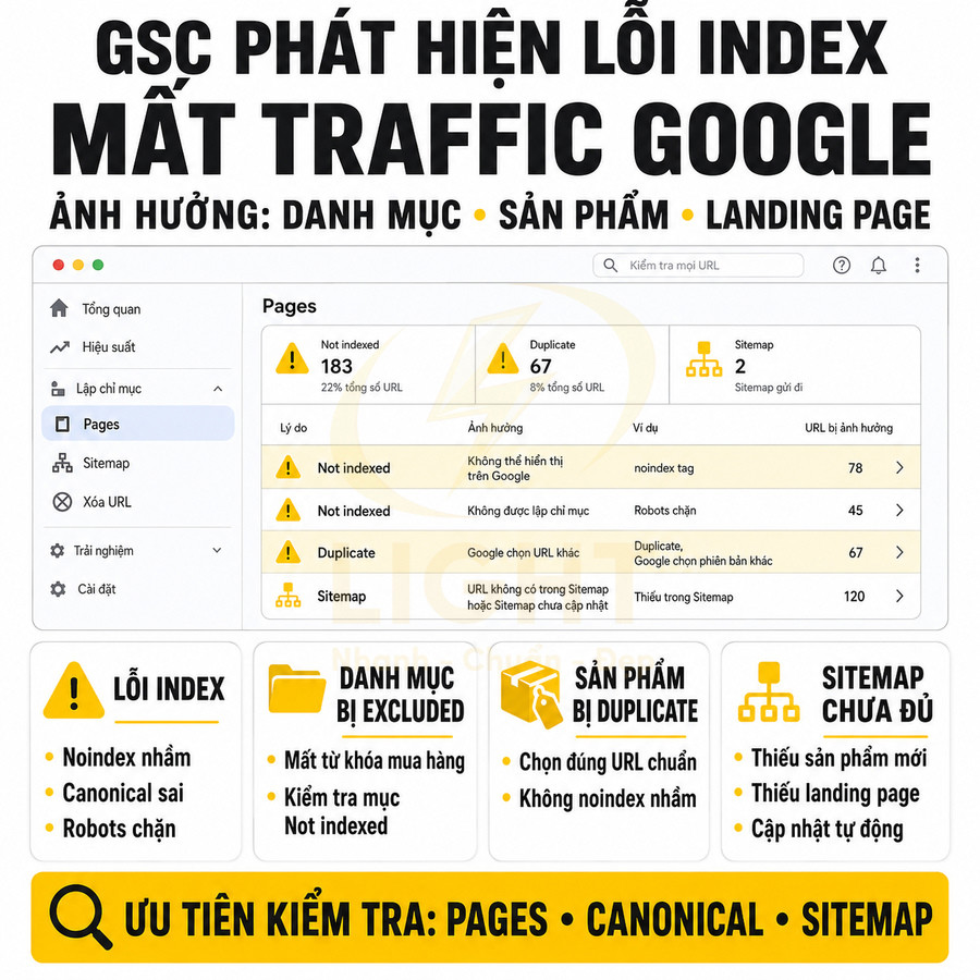 Hướng dẫn xử lý lỗi index trong Google Search Console để tránh mất traffic cho danh mục, sản phẩm, landing page