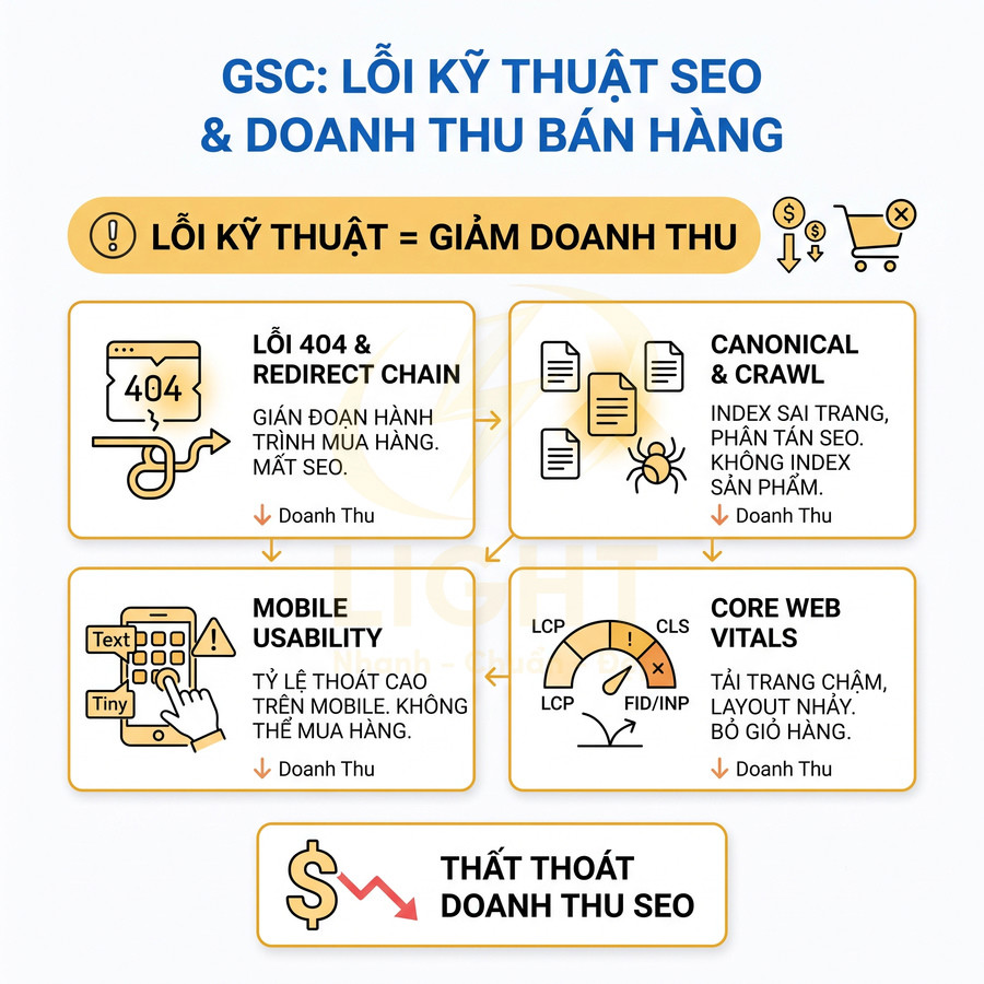 Infographic các lỗi kỹ thuật SEO trong Google Search Console gây thất thoát doanh thu bán hàng