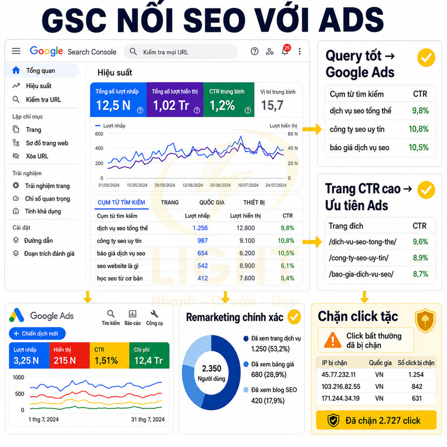 Báo cáo Google Search Console và Google Ads minh họa cách kết nối dữ liệu SEO với quảng cáo trả phí