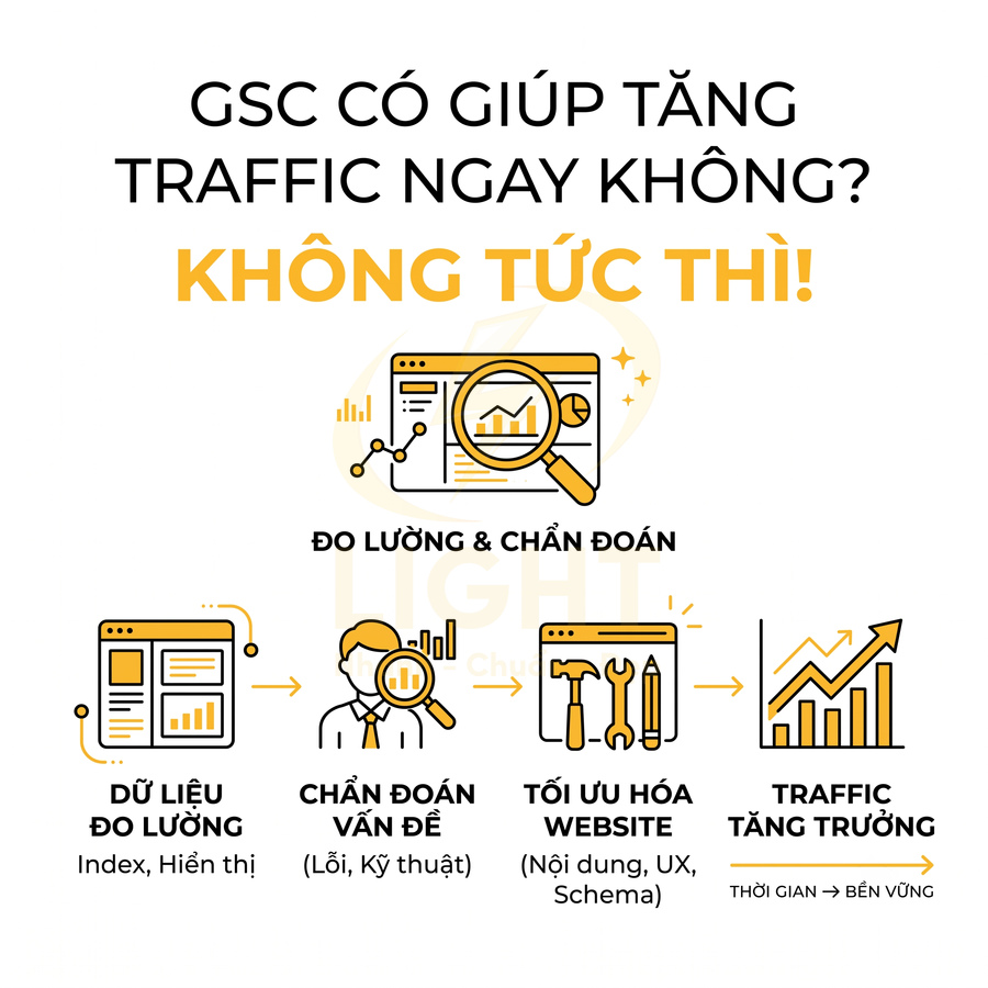 Quy trình dùng Google Search Console đo lường, chẩn đoán và tối ưu website để tăng trưởng traffic bền vững