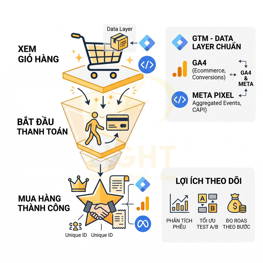 Sơ đồ phễu theo dõi hành trình mua hàng với GTM, GA4 và Meta Pixel cho website thương mại điện tử