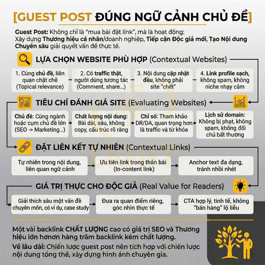 Infographic hướng dẫn viết guest post đúng ngữ cảnh chủ đề, chọn website, đặt liên kết tự nhiên và tạo giá trị cho độc giả