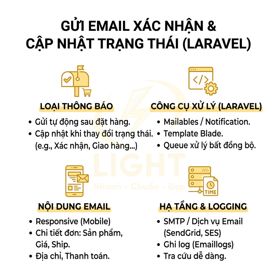 Hướng dẫn gửi email xác nhận và cập nhật trạng thái đơn hàng bằng Laravel, liệt kê loại thông báo, nội dung, hạ tầng