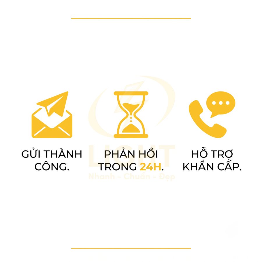 Biểu tượng gửi email thành công, phản hồi trong 24 giờ và hỗ trợ khẩn cấp qua điện thoại