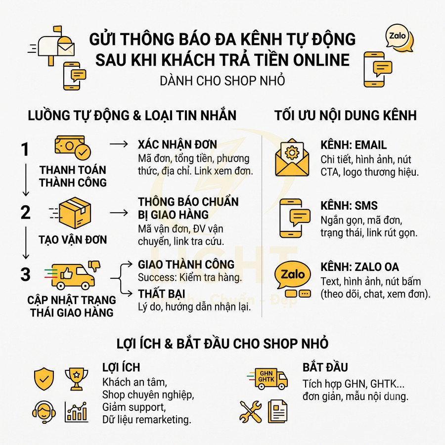 Infographic quy trình gửi thông báo đa kênh sau khi khách thanh toán online cho shop nhỏ, tích hợp email SMS Zalo OA