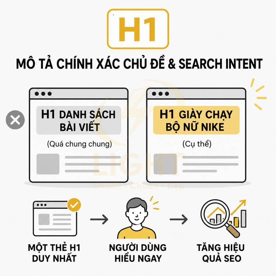 Minh họa hướng dẫn tối ưu thẻ H1 mô tả đúng chủ đề và search intent để tăng hiệu quả SEO