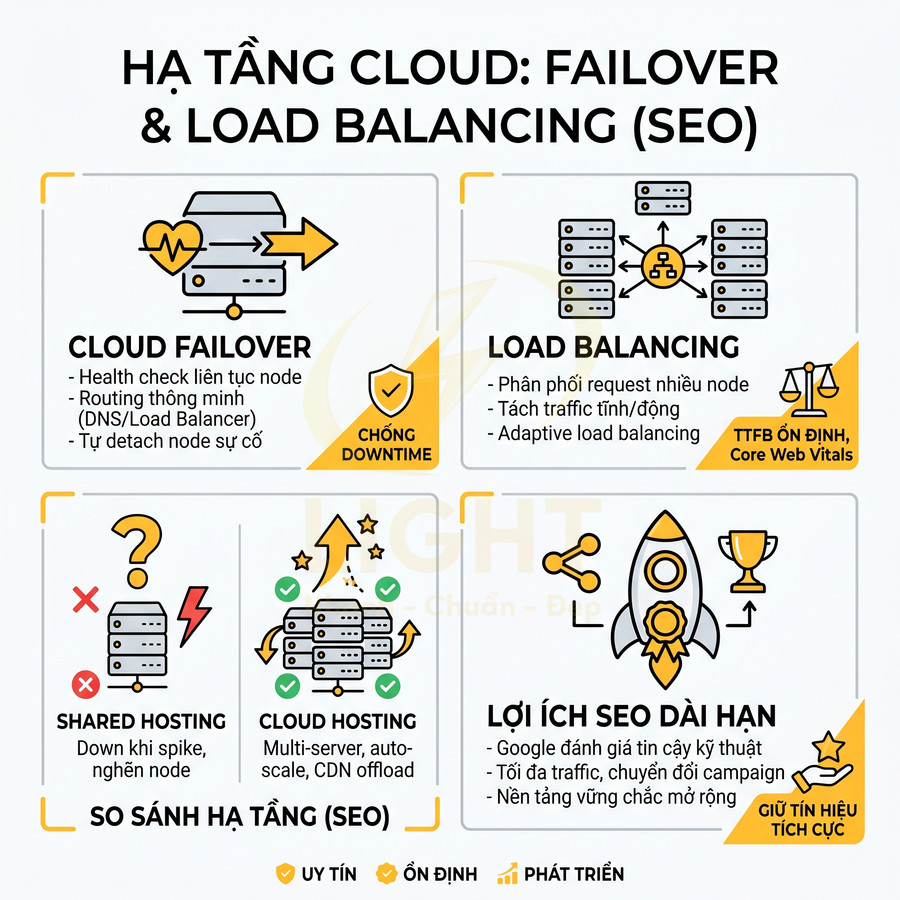 Mô hình hạ tầng cloud failover và load balancing tối ưu SEO, so sánh shared hosting và cloud hosting