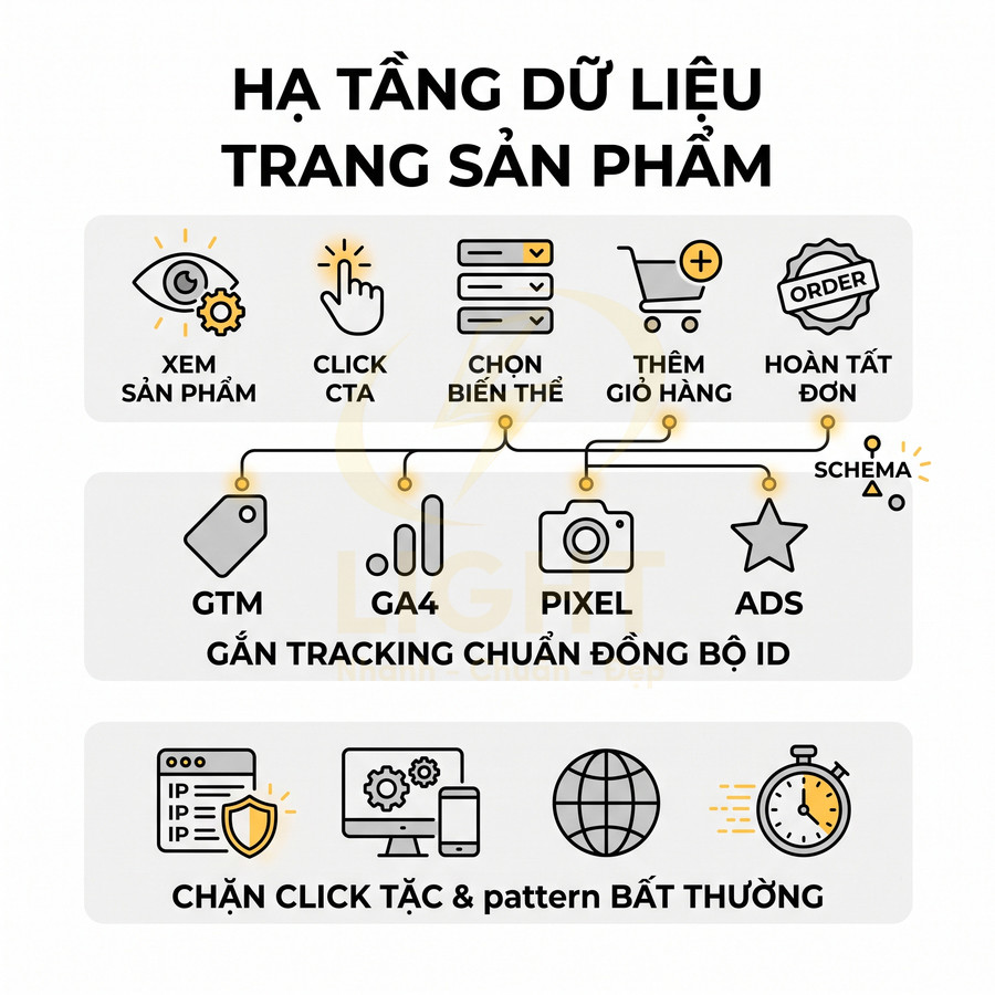 Hạ tầng dữ liệu trang sản phẩm với tracking GA4, GTM, Pixel, Ads và chặn click tặc bất thường