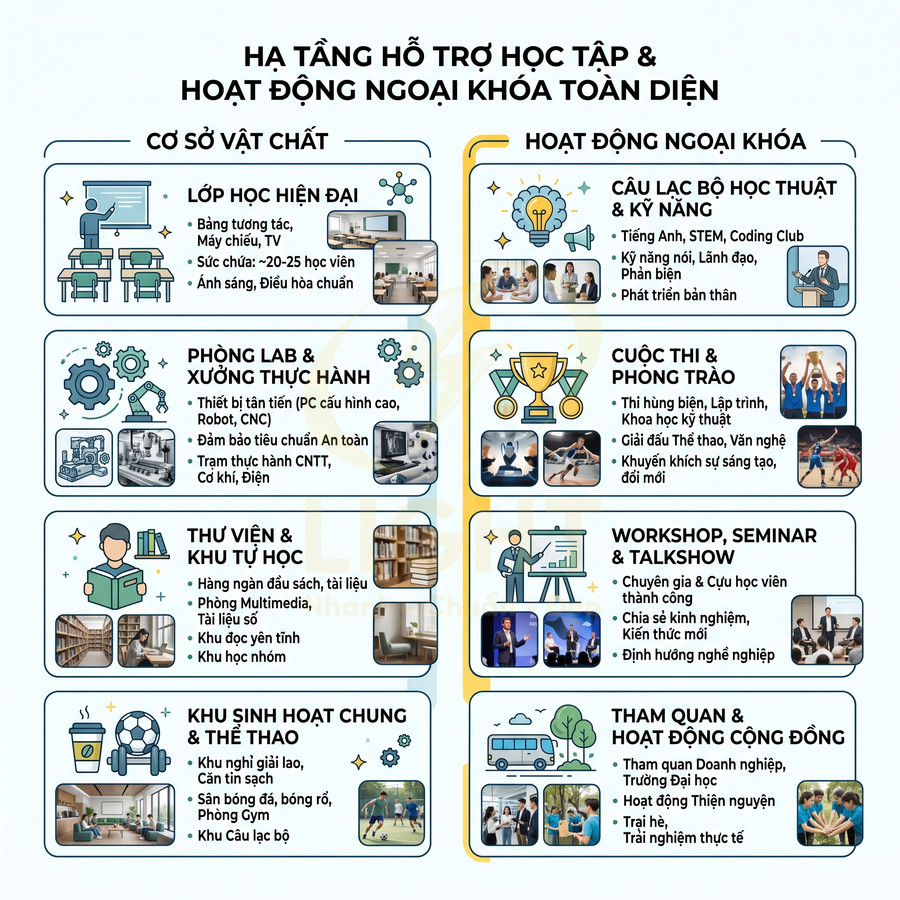 Hạ tầng hỗ trợ học tập và hoạt động ngoại khóa với lớp học hiện đại, phòng lab, thư viện, khu thể thao, câu lạc bộ, cuộc thi