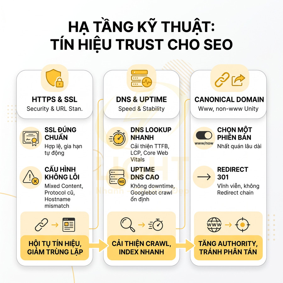 Hạ tầng kỹ thuật SEO với HTTPS SSL DNS uptime và canonical domain giúp cải thiện crawl index và tăng trust