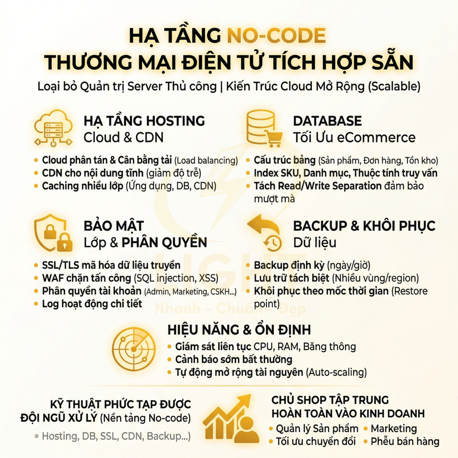 Hạ tầng no-code thương mại điện tử tích hợp sẵn với hosting cloud, database, bảo mật, backup và tối ưu hiệu năng