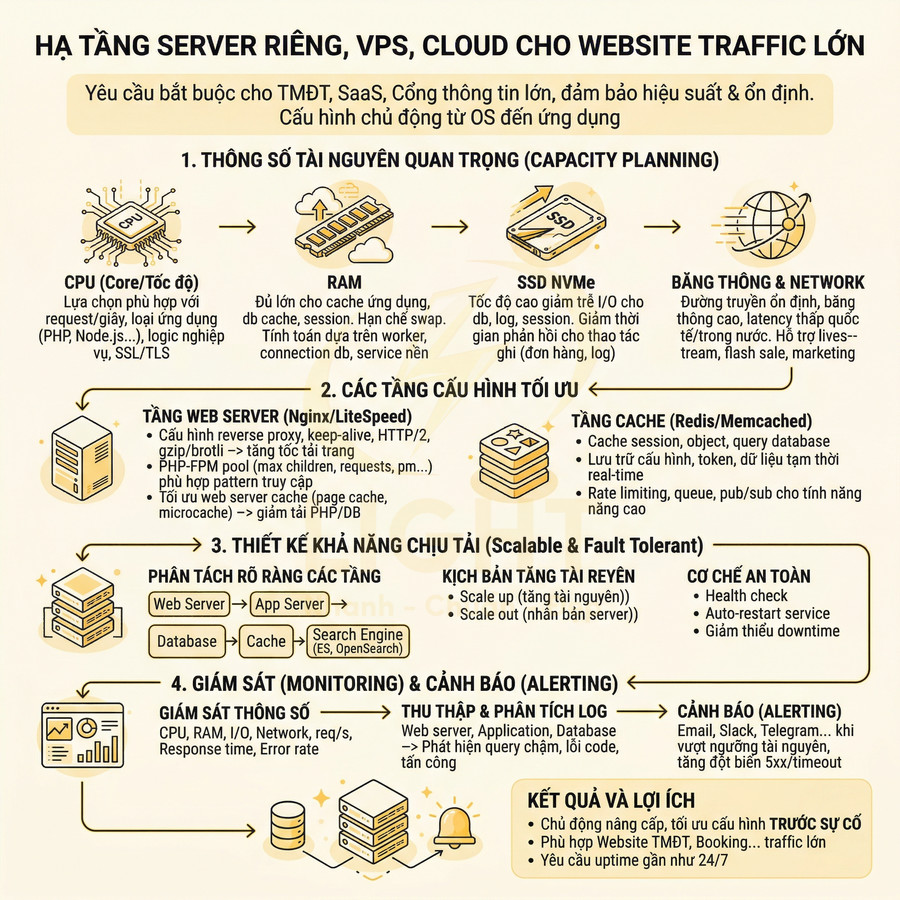 Infographic hướng dẫn cấu hình hạ tầng server riêng VPS cloud tối ưu cho website traffic lớn