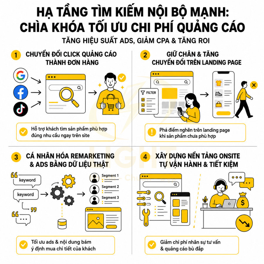 Infographic giải thích lợi ích của hạ tầng tìm kiếm nội bộ mạnh để tối ưu chi phí quảng cáo online