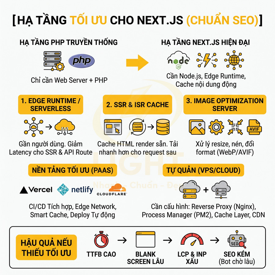 Sơ đồ hạ tầng tối ưu cho Next.js chuẩn SEO với Edge Runtime, SSR cache, server tối ưu ảnh và nền tảng Vercel, Netlify, Cloudflare