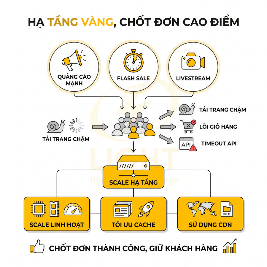 Mô hình giải pháp scale hạ tầng, tối ưu cache và dùng CDN để xử lý quảng cáo mạnh, flash sale, livestream tránh lỗi web