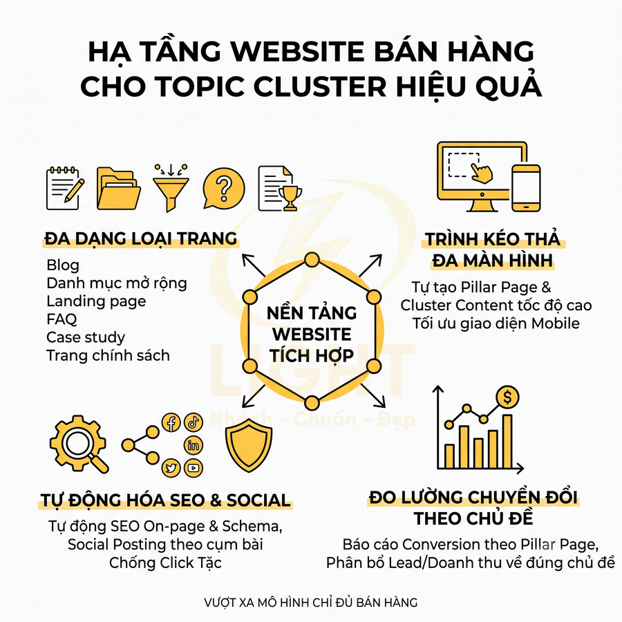 Mô hình hạ tầng website bán hàng cho topic cluster với nền tảng website tích hợp và các tính năng SEO, đo lường chuyển đổi