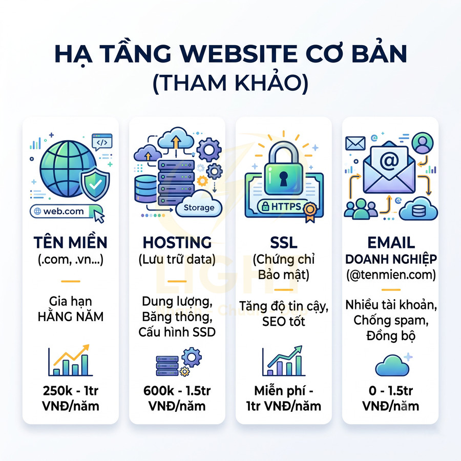 Bảng giá tham khảo hạ tầng website cơ bản gồm tên miền, hosting, SSL và email doanh nghiệp bằng tiếng Việt