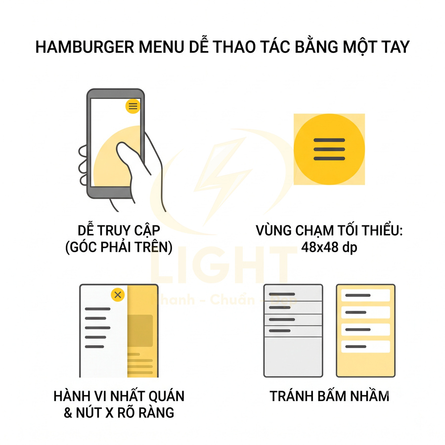 Hướng dẫn thiết kế nút hamburger menu trên giao diện mobile: vị trí góc phải, vùng chạm tối thiểu và tránh bấm nhầm