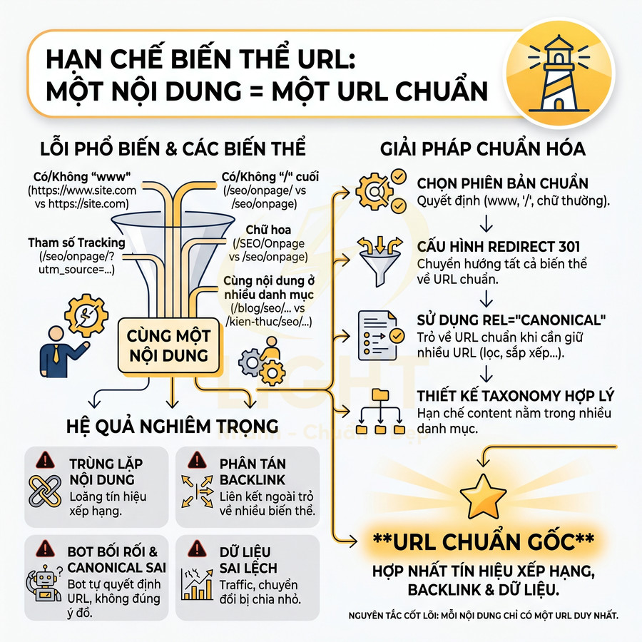 Infographic hướng dẫn chuẩn hóa URL chuẩn SEO, hạn chế biến thể URL và hợp nhất tín hiệu xếp hạng
