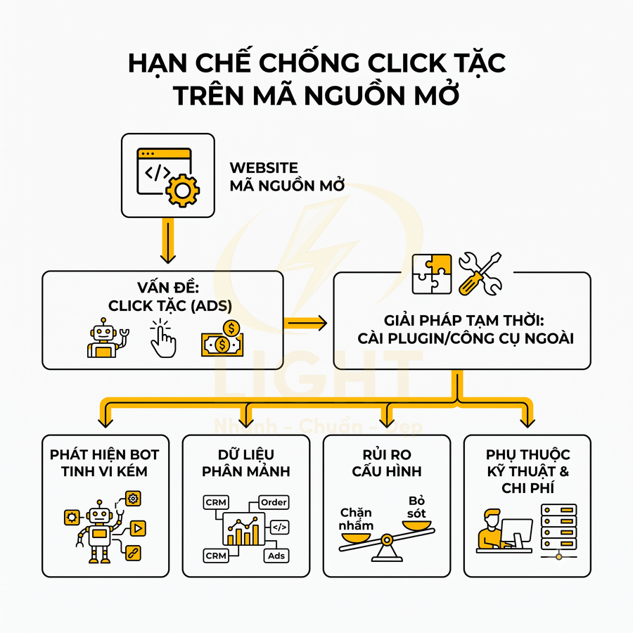 Sơ đồ hạn chế chống click tặc trên website mã nguồn mở và các rủi ro khi dùng plugin, công cụ ngoài