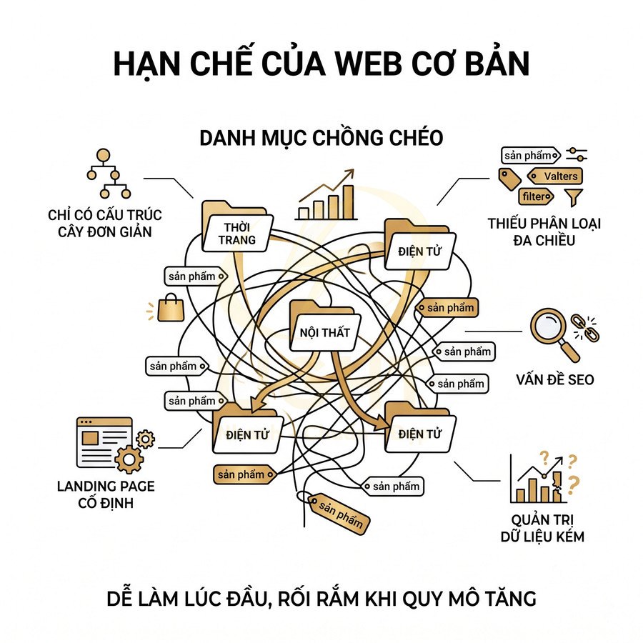 Sơ đồ minh họa hạn chế của web cơ bản với danh mục sản phẩm chồng chéo và quản trị dữ liệu kém