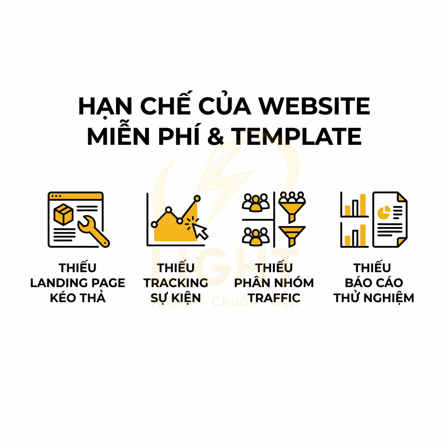 Infographic hạn chế của website miễn phí và template về landing page, tracking sự kiện, phân nhóm traffic, báo cáo thử nghiệm