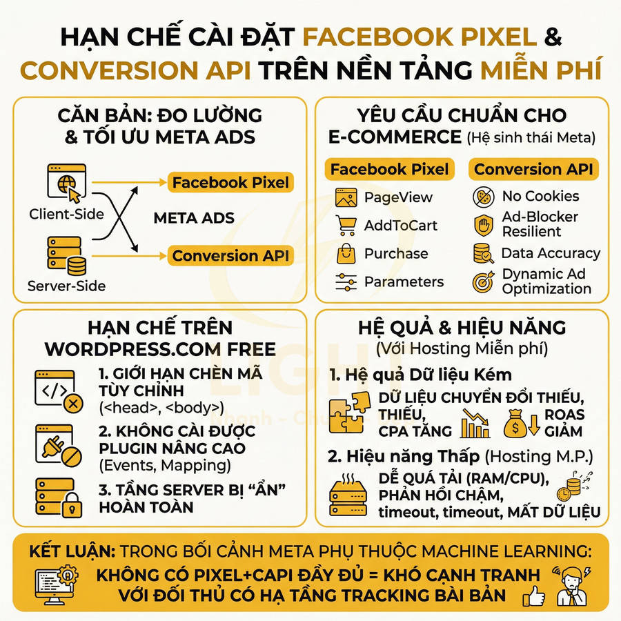 Infographic hạn chế cài đặt Facebook Pixel và Conversion API trên WordPress.com miễn phí, ảnh hưởng đo lường quảng cáo Meta Ads