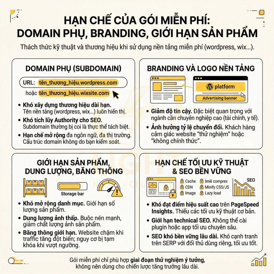 Infographic hạn chế của gói website miễn phí về domain phụ, branding, giới hạn sản phẩm và SEO