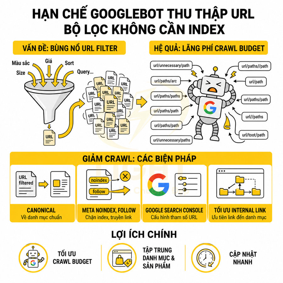 Infographic hướng dẫn hạn chế Googlebot crawl URL filter, tối ưu crawl budget và tập trung danh mục sản phẩm