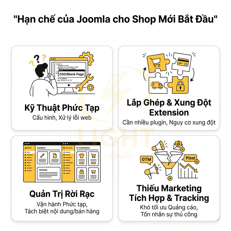 Các hạn chế của Joomla cho shop mới: kỹ thuật phức tạp, quản trị rời rạc, xung đột extension, thiếu marketing tracking